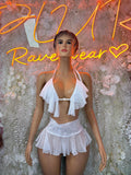 White mesh two-piece skirt set with halter tie top and ruffled micro skirt