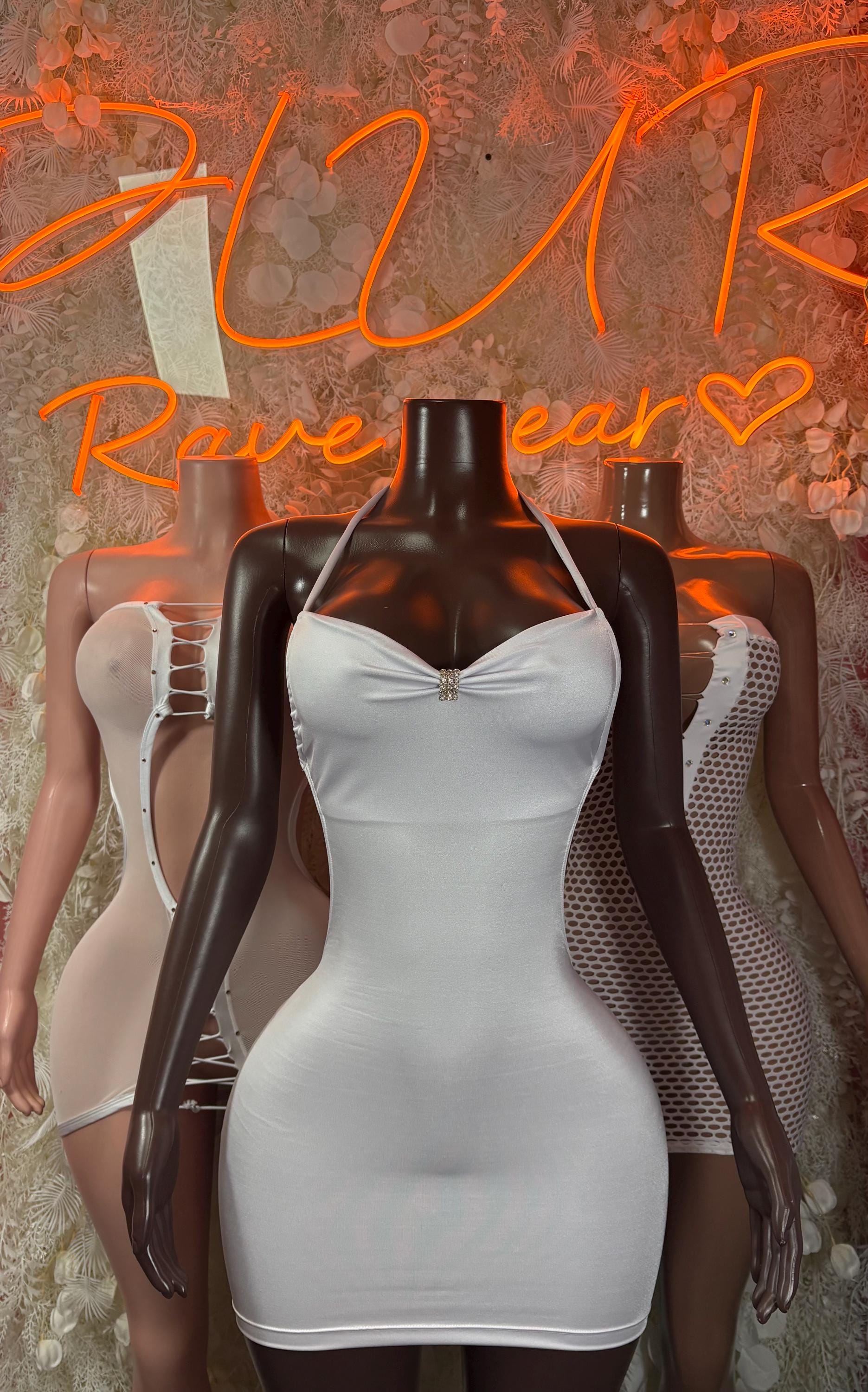 White bodycon mini dress with lace-up front panels and sleeveless sweetheart neckline