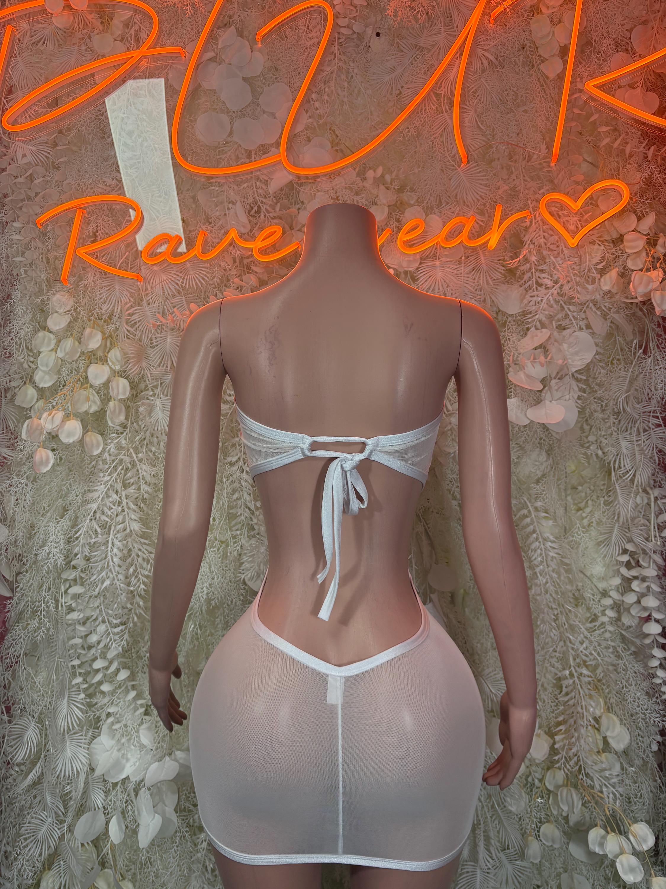 White mesh one-piece dress with back tie ribbon and open back, strappy cutout design