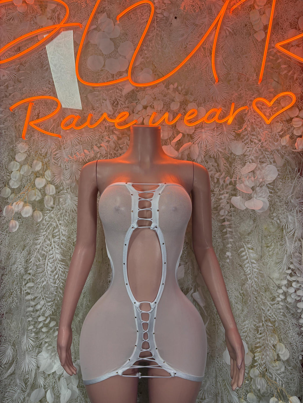 White mesh one-piece dress with vertical cutout lace-up front and high-cut leg openings