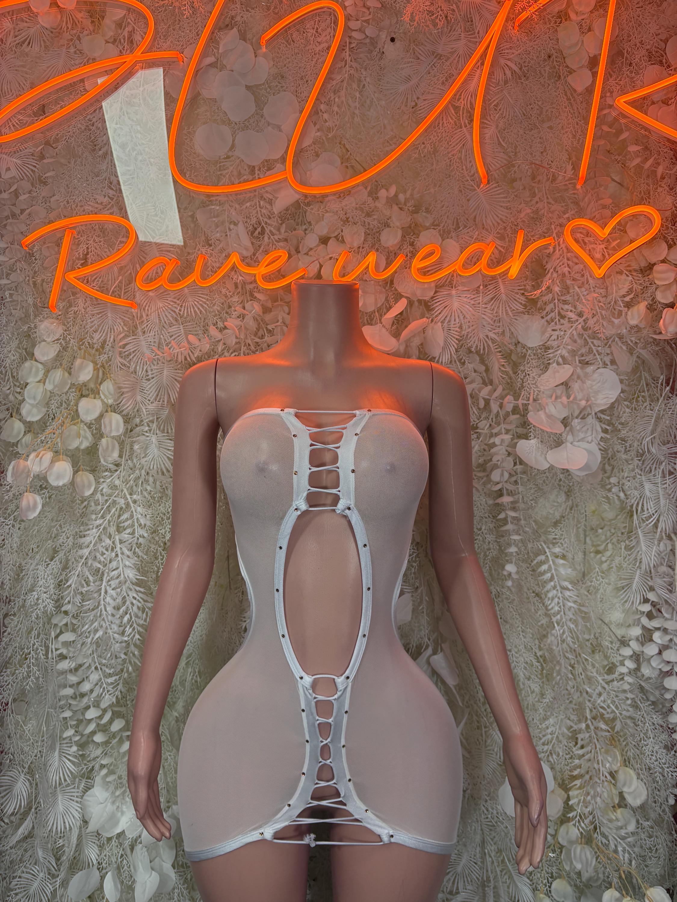 White mesh one-piece dress with vertical cutout lace-up front and high-cut leg openings