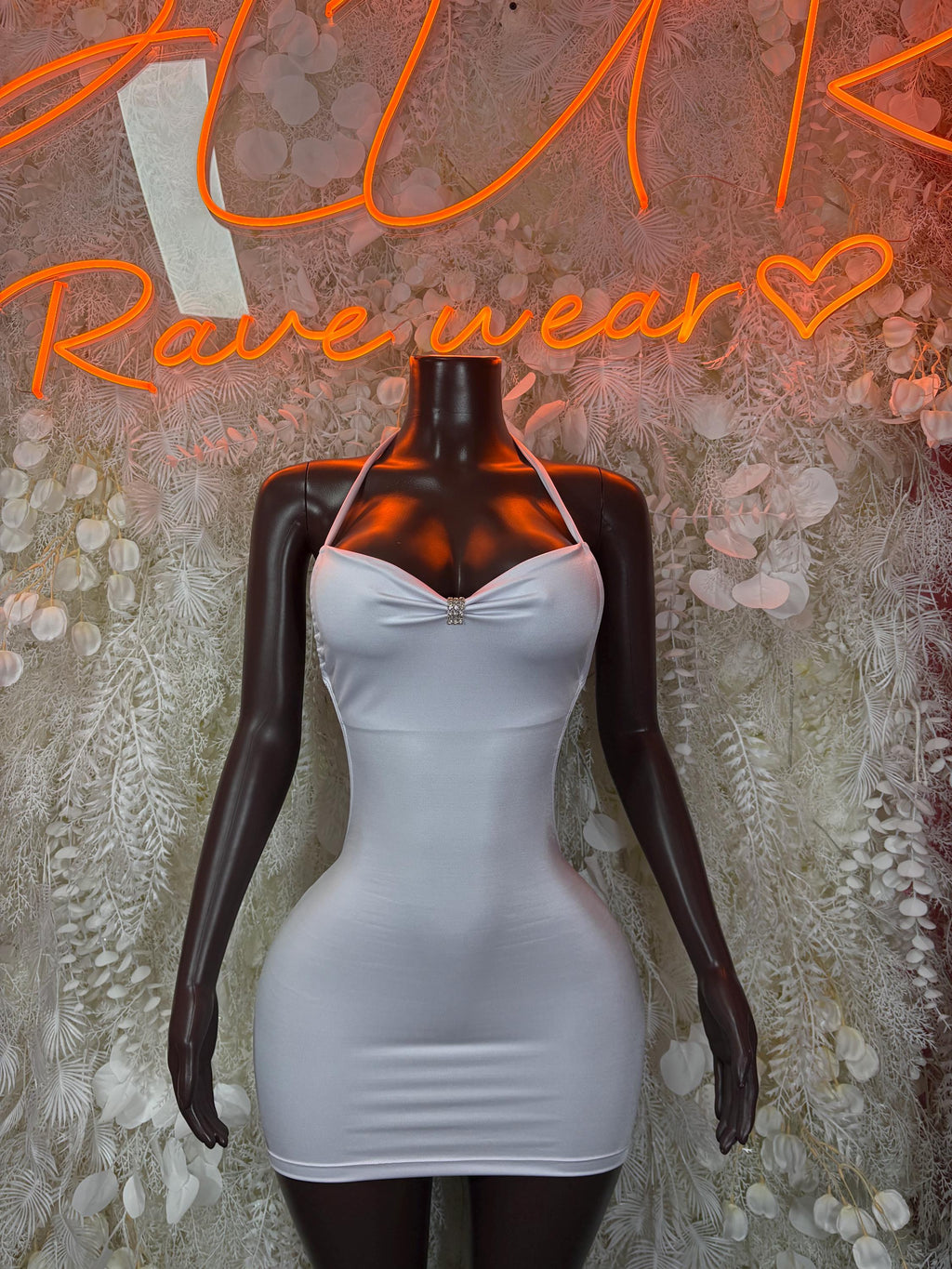 White halter mini dress with ruched bust