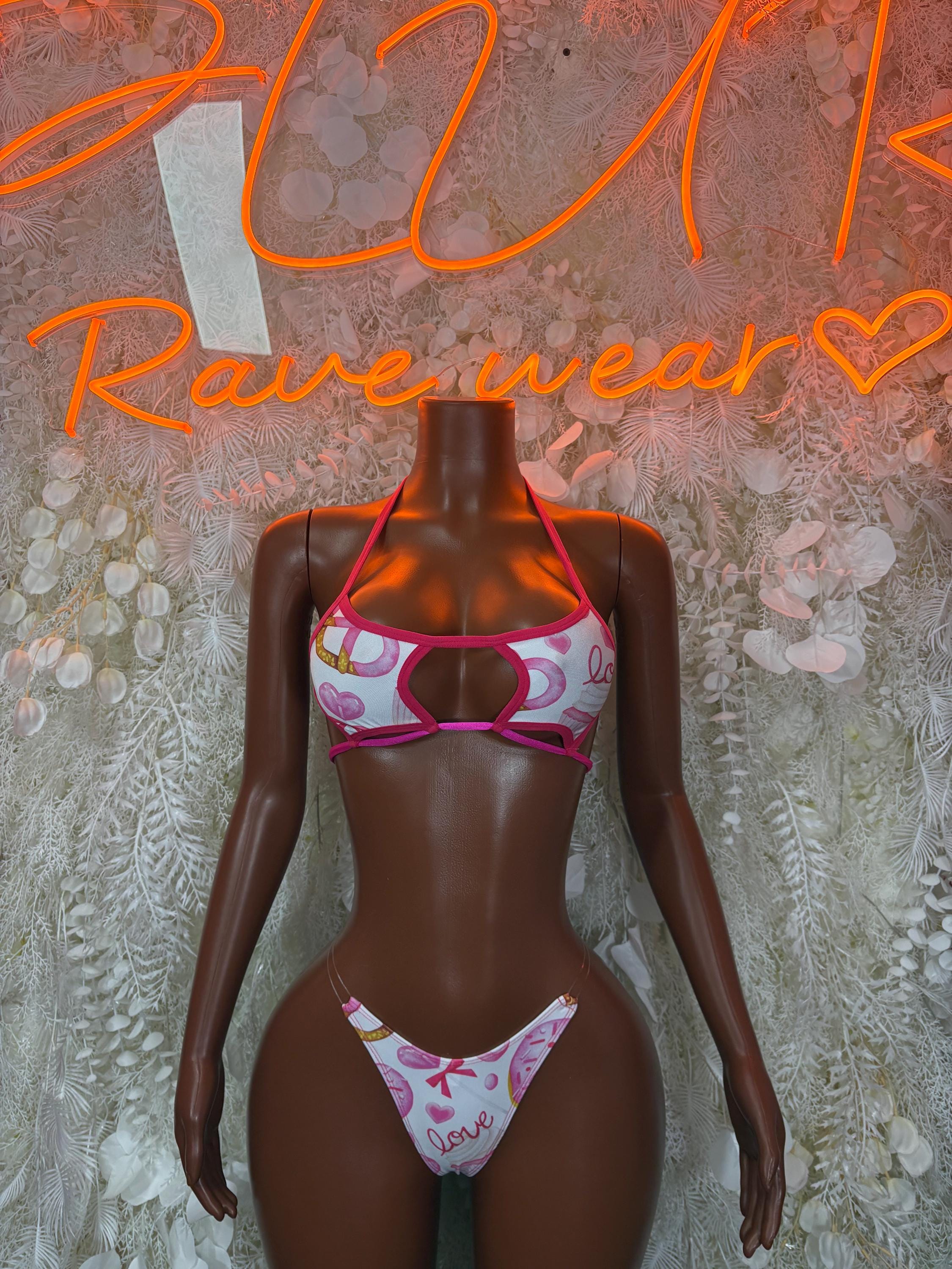 Heart print halter bikini top and cheeky string bikini bottom, pink accents