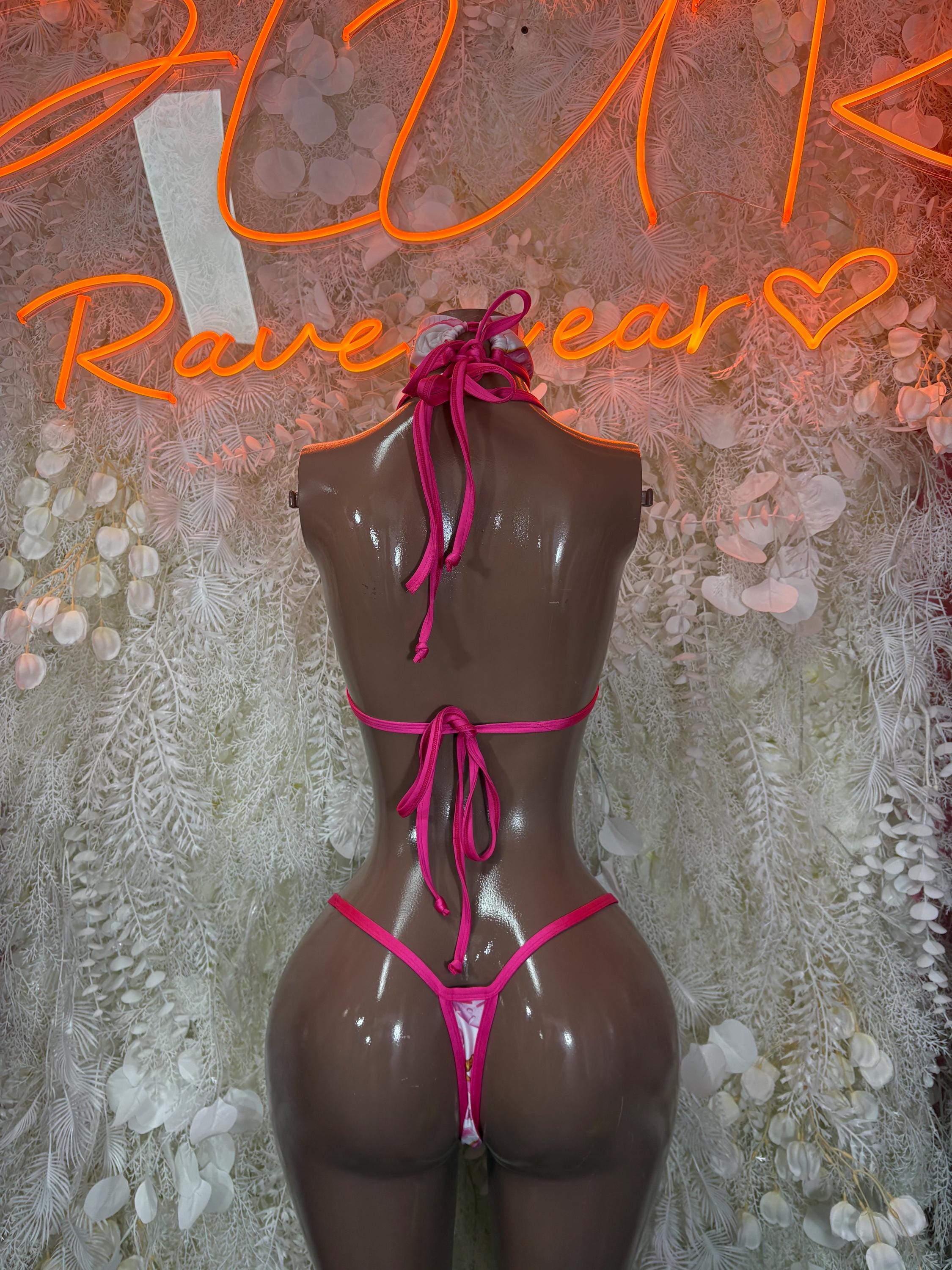 Backless two-piece bikini set with pink string ties and matching triangle bottoms