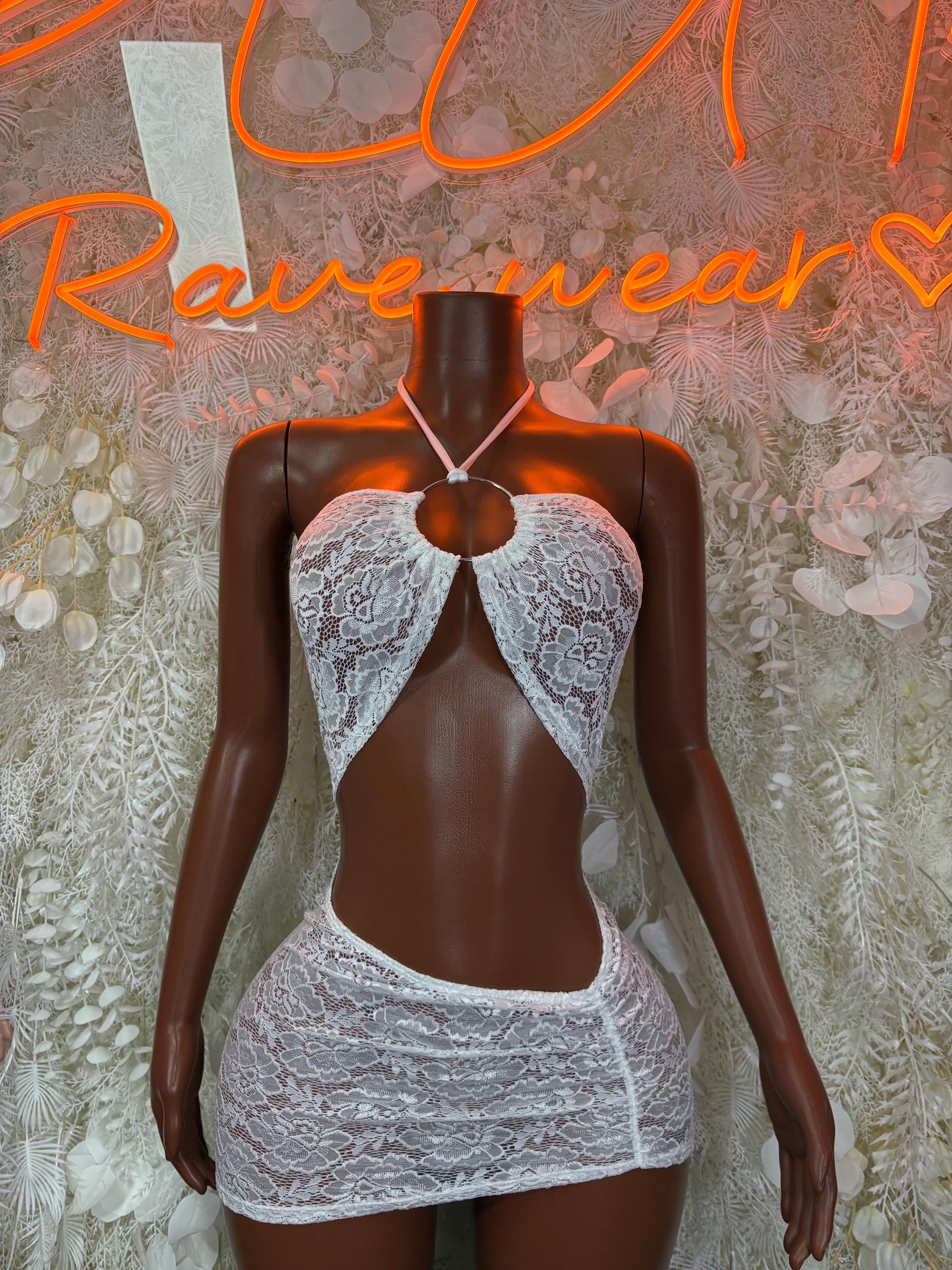 White lace halter mini dress with plunging front cutout