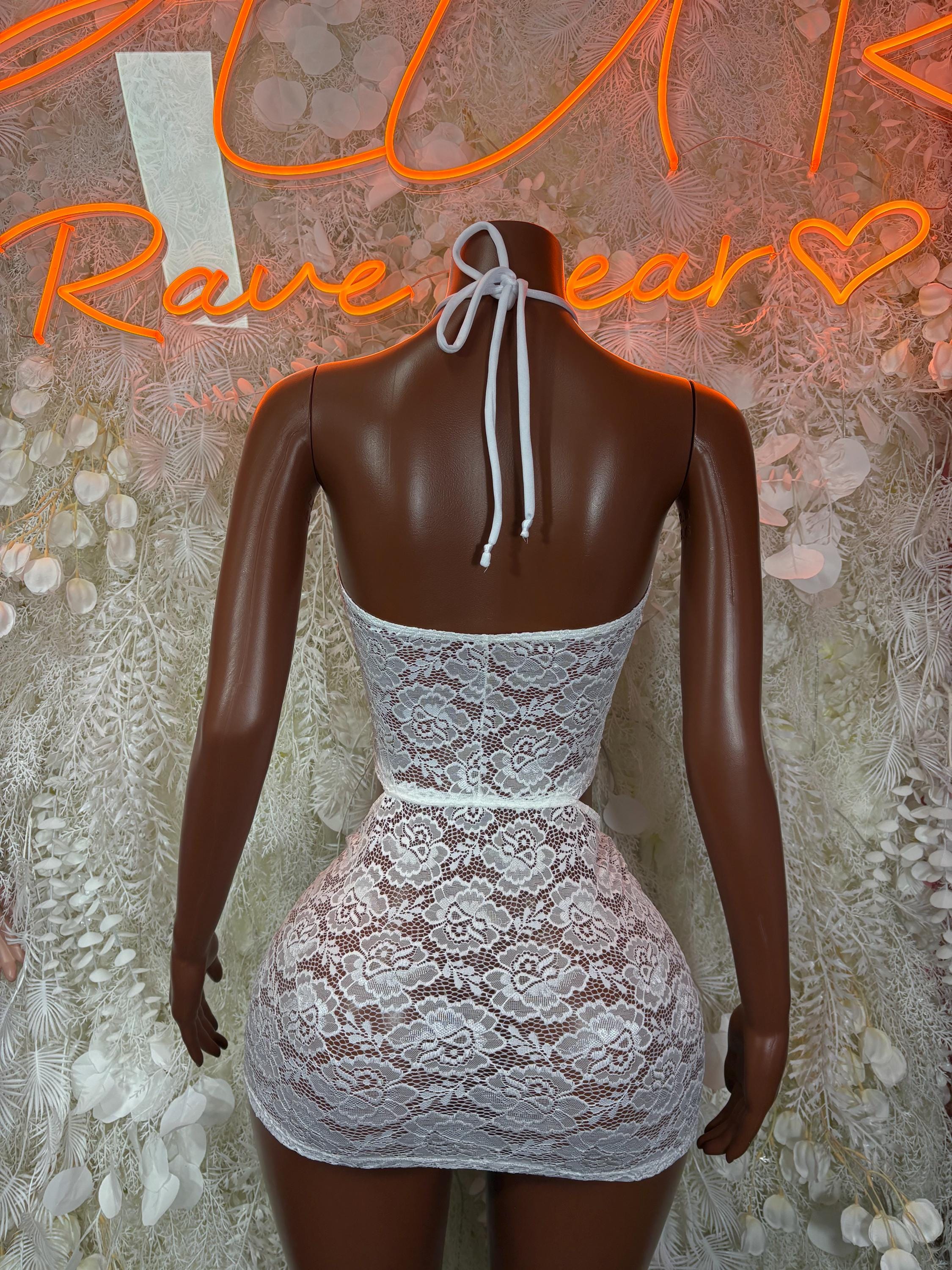 White lace mini dress with halter tie straps and open back