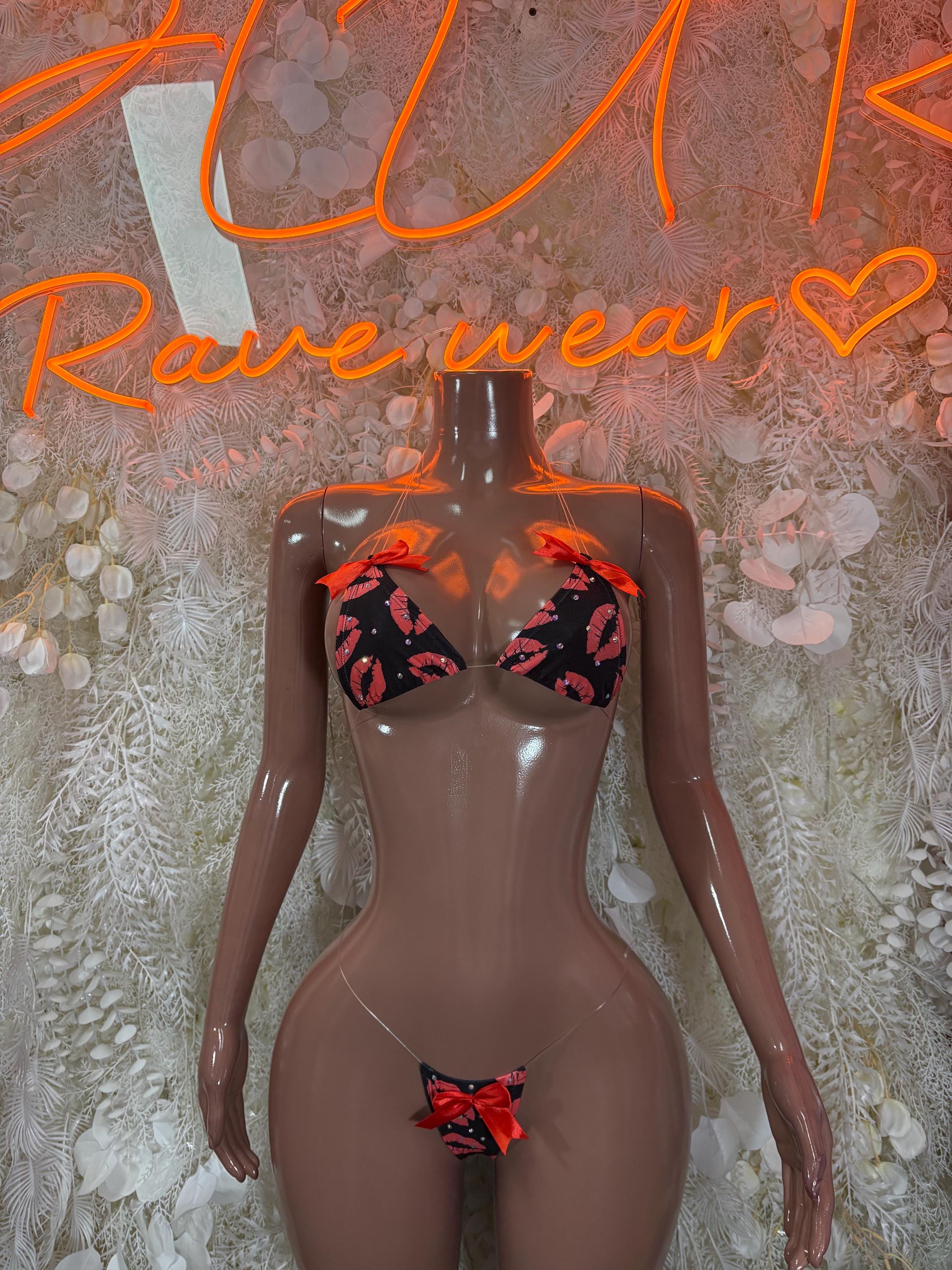 Rave wear bikini lingerie set with red heart print bra and matching bottom