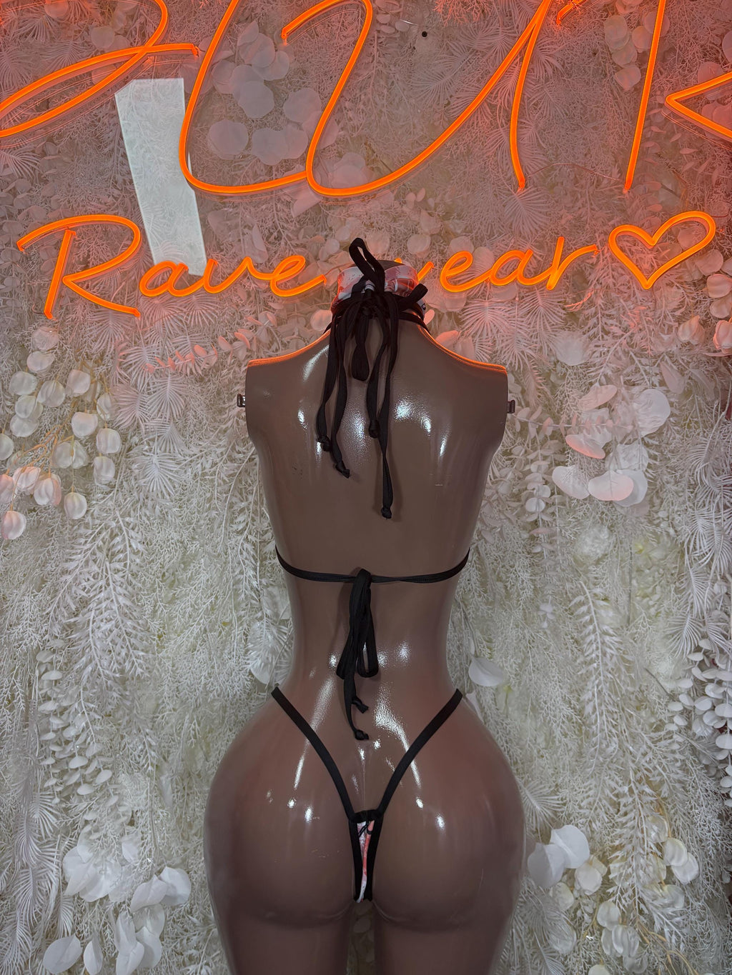 Rave two-piece lingerie set, black harness bra with matching heart-print thong