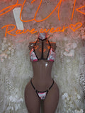 Rave two-piece lingerie set, black and pink heart-print bra with matching thong