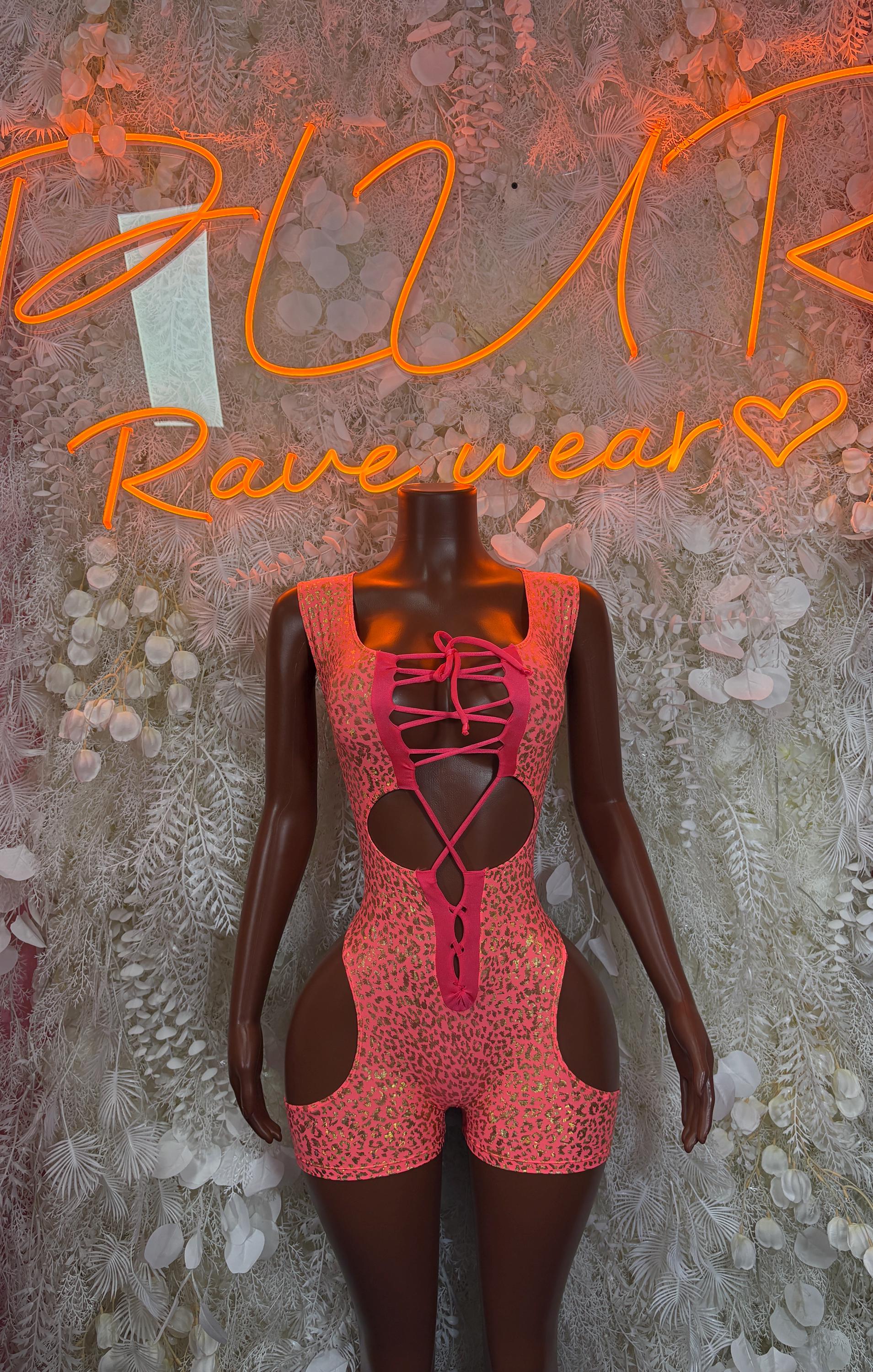 Bottlegirl Bodysuit One-Piece Coral Cheetah Print Bodysuit - Hologram Design | Exotic Dancewear for Performers, Raves