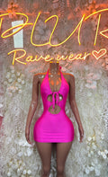 Pink metallic bodycon mini dress with halter neckline and chest cutout ring detail