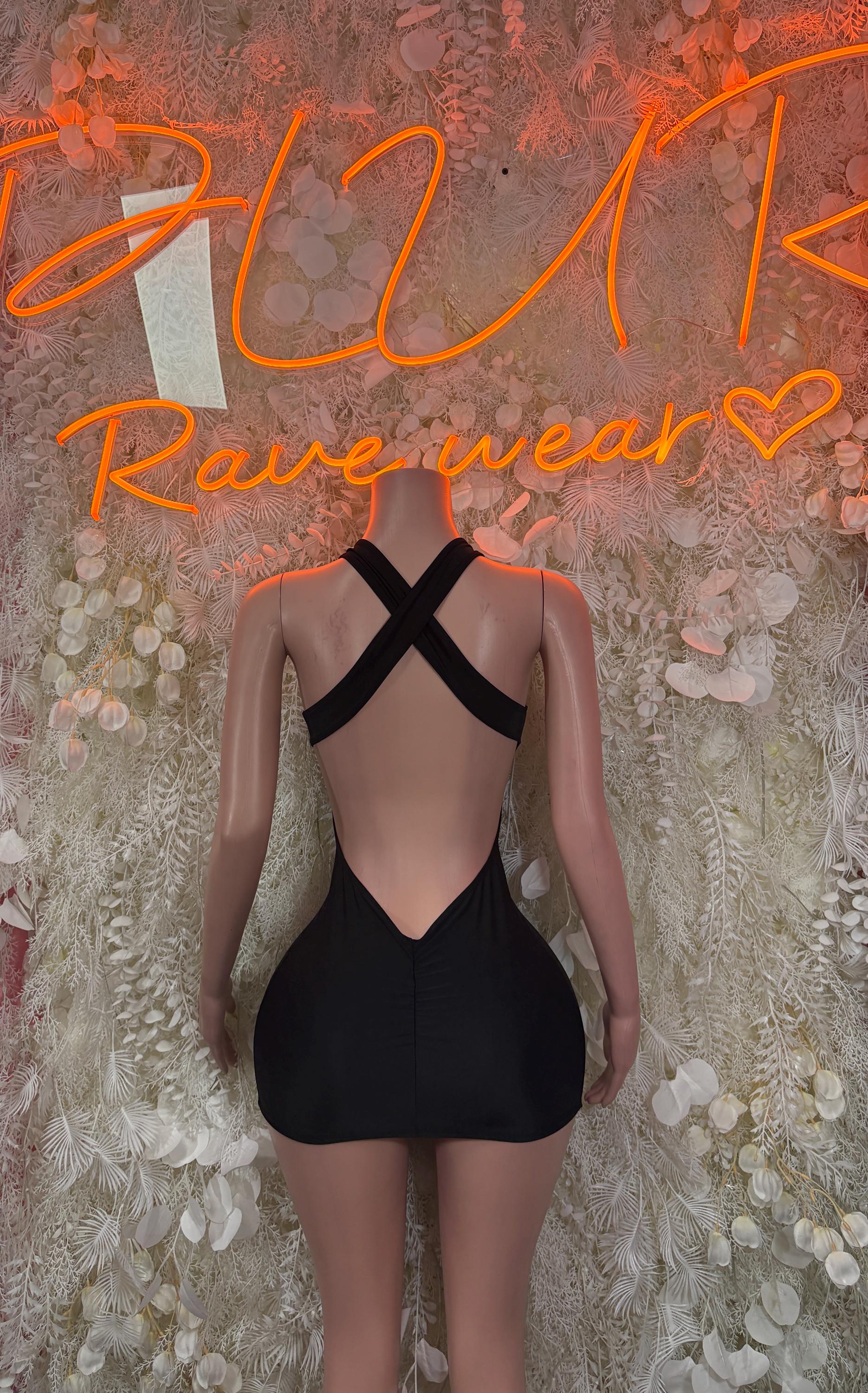 Black dancewear mini dress with X back straps and open back