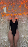 Black fringe bodysuit with deep V neckline and long tassel ties on sides