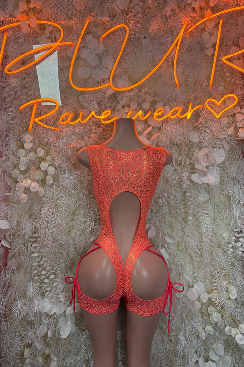 Coral cheetah-print bodysuit with open back and tie side straps, front view.