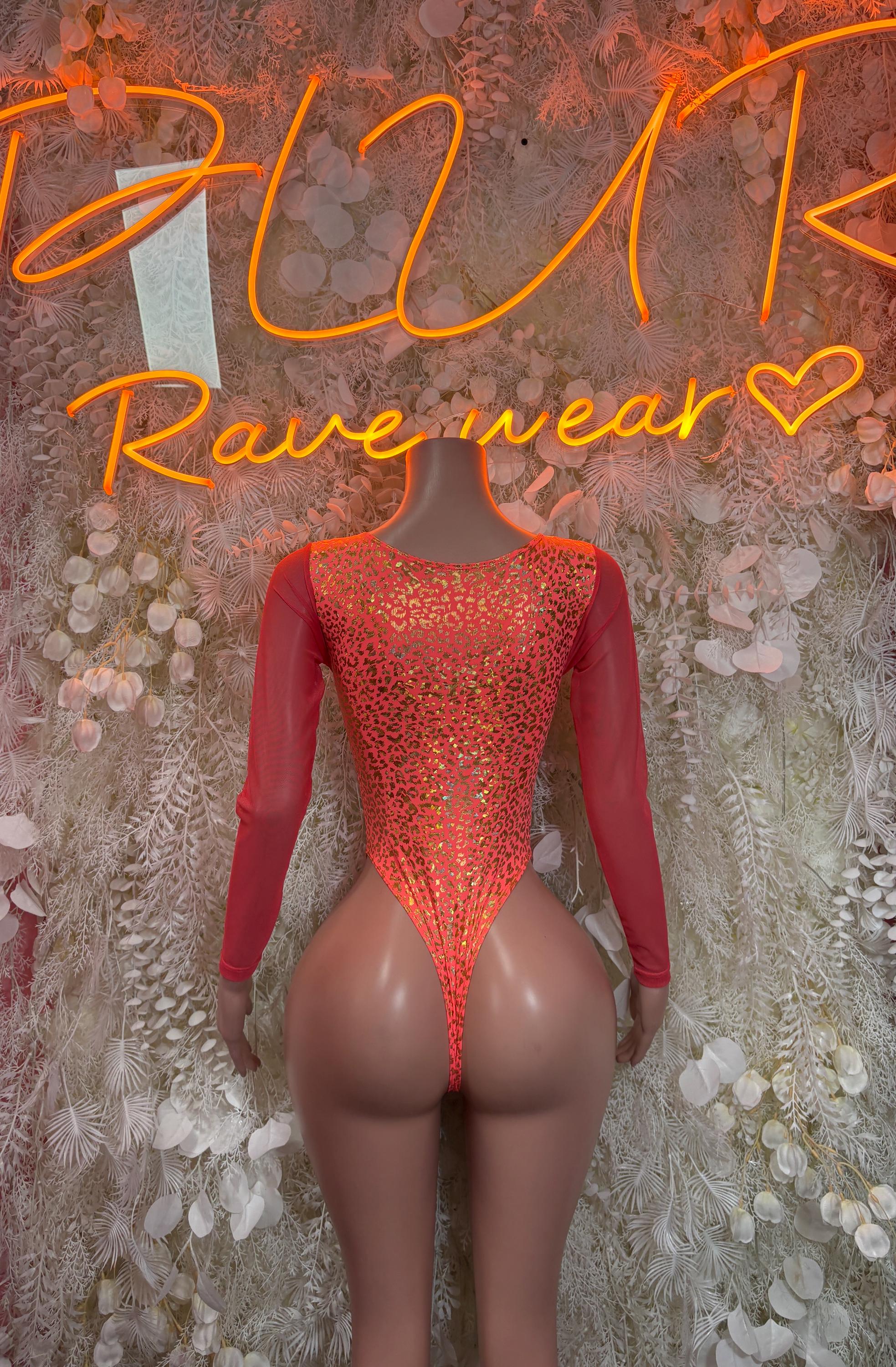 Coral animal-print bodysuit with long sleeves and lace-up detail at the center front