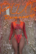 Coral animal-print bodysuit with long sleeves and crisscross lace-up front