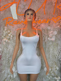 White fitted one-piece mini dress with spaghetti straps and scoop neckline