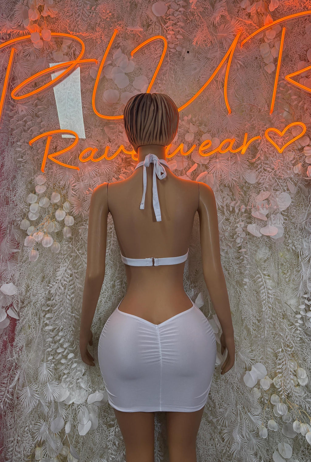White halter mini dress, open back with tie strap and V-cut