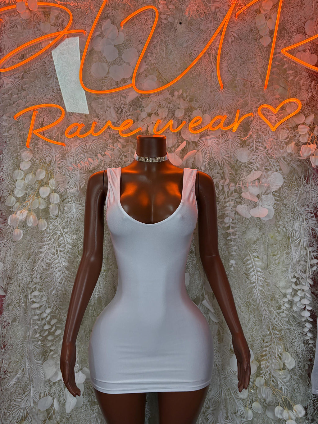 White sleeveless bodycon mini dress with scoop neckline
