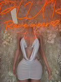 White bodycon mini dress with cowl neckline and ruched sides