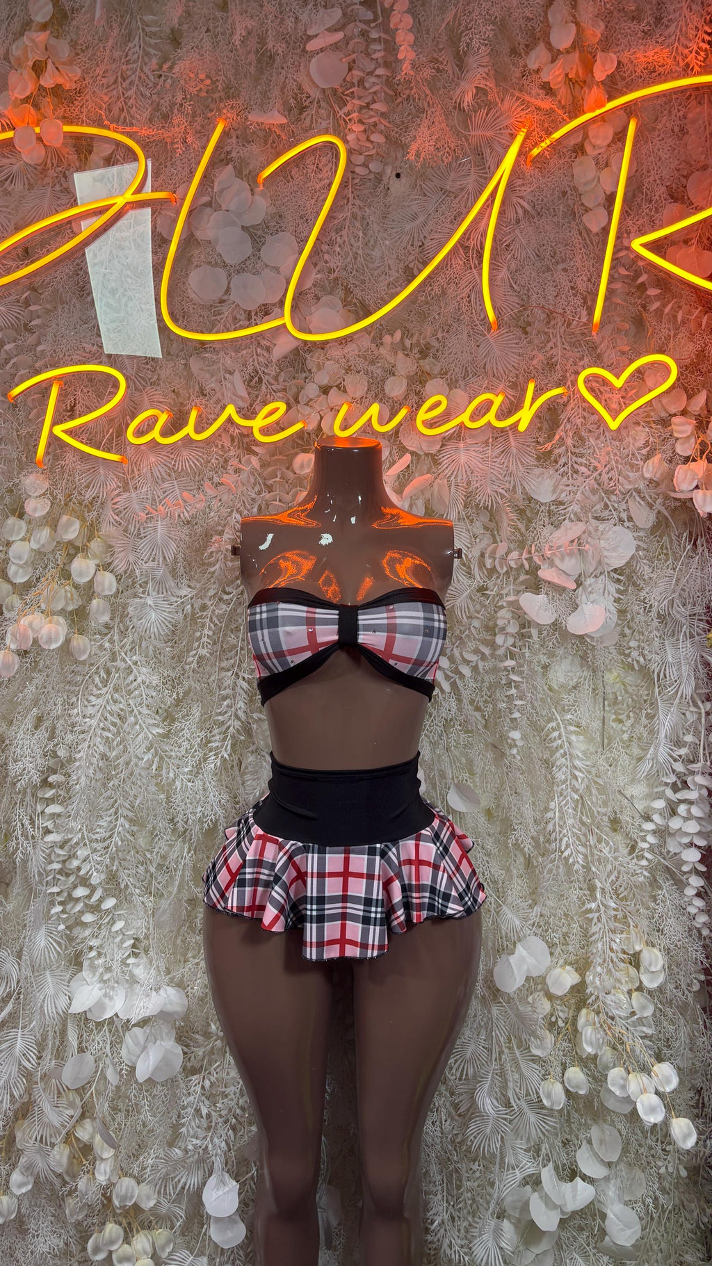 Pink Plaid Two Piece Skirt Set, Rave Festival Outfit