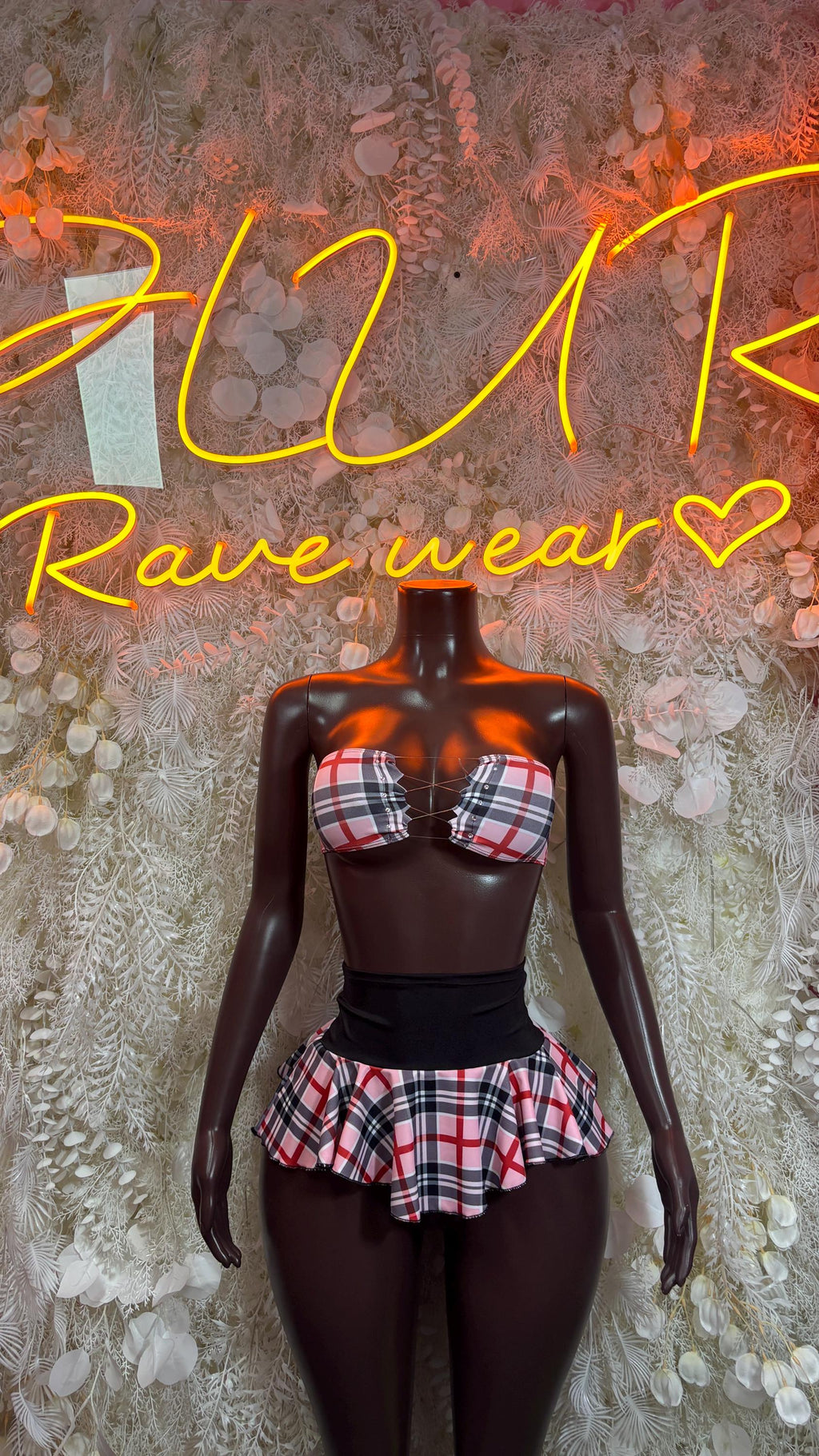 Pink Plaid Two Piece Skirt Set, Rave Festival Outfit