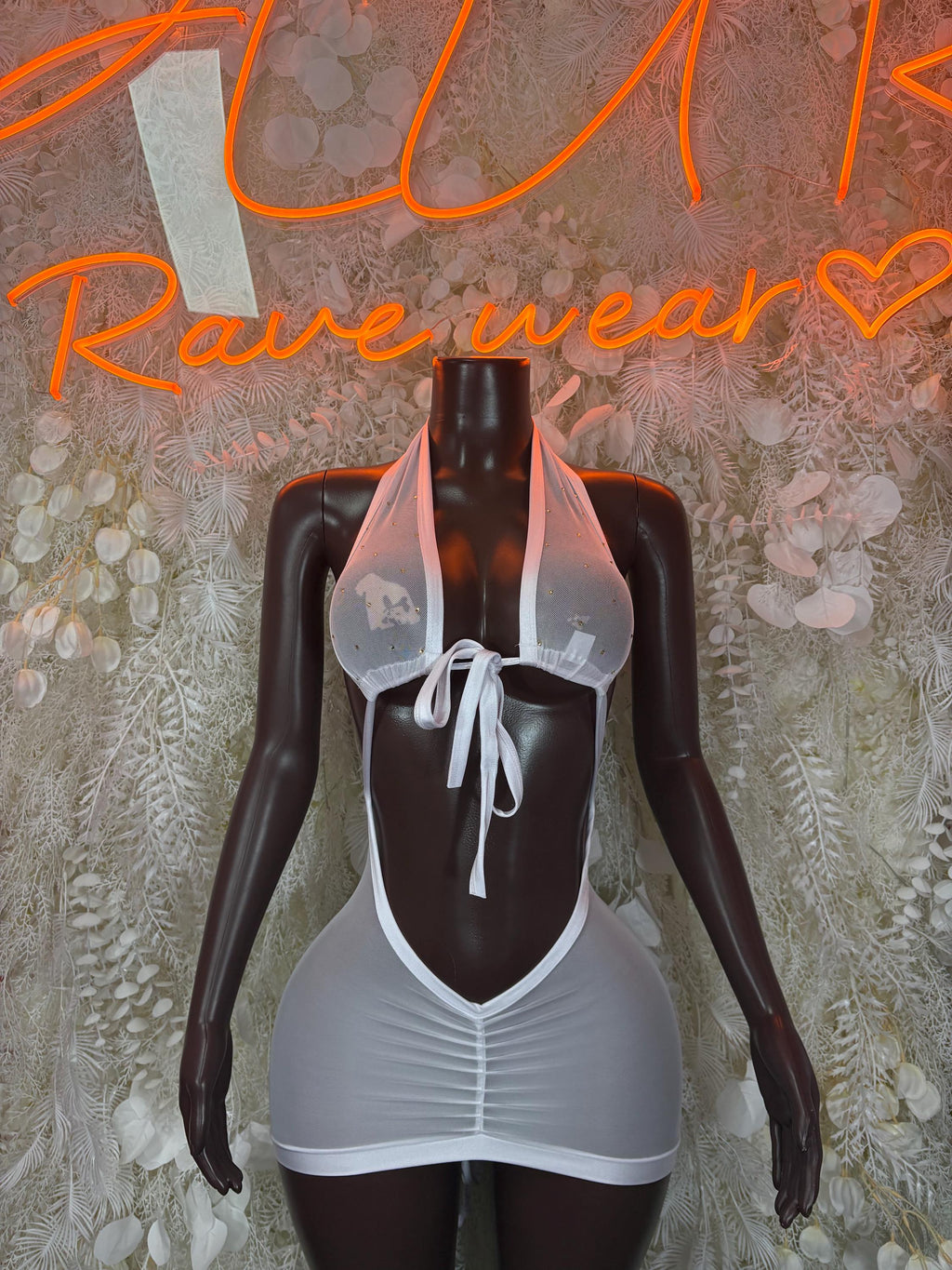 White mesh mini dress with deep V neckline, front bow tie, fitted clubwear