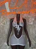 White mesh mini dress with deep V neckline, front bow tie, fitted clubwear