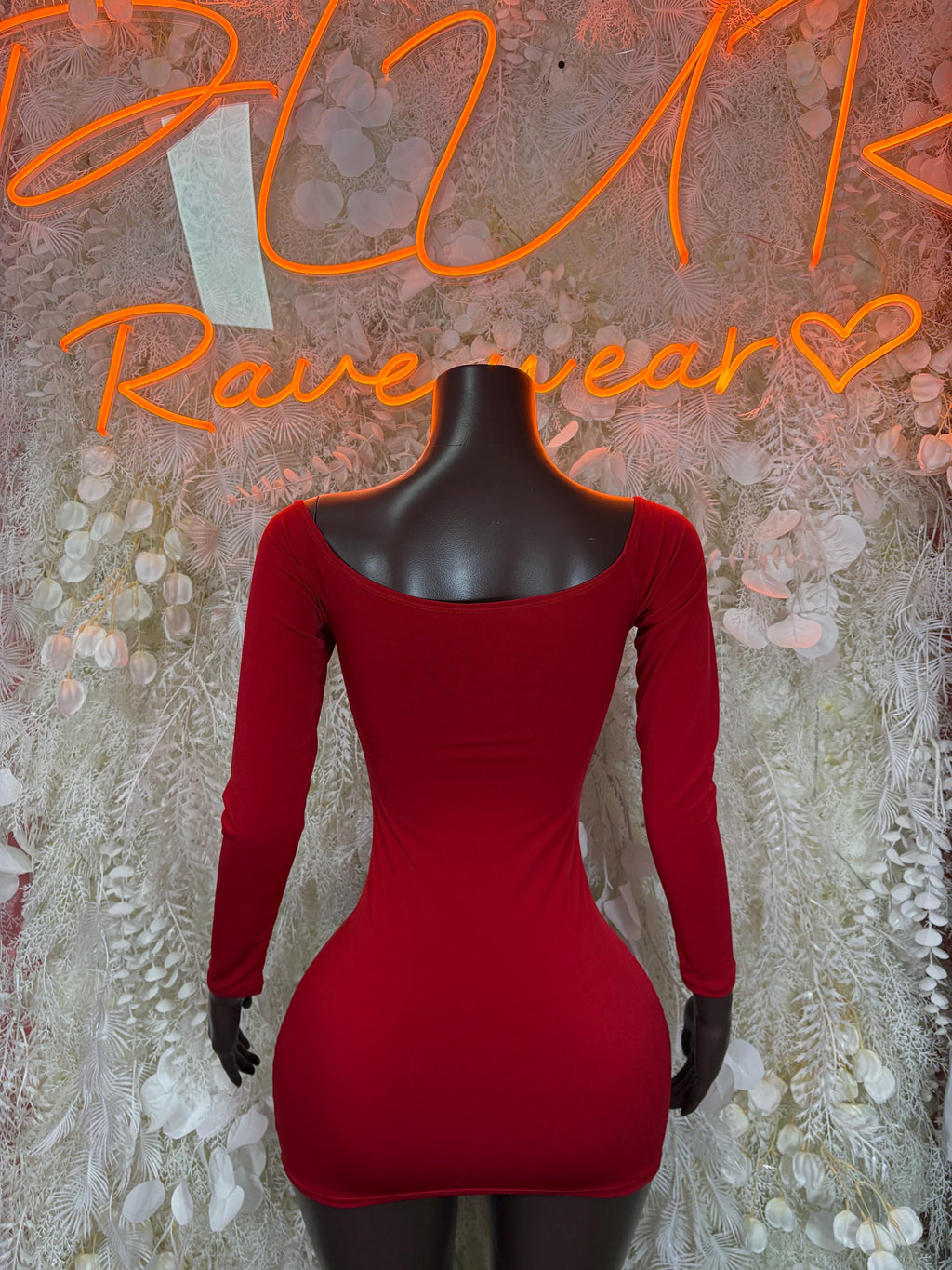 Red long-sleeve fitted mini dress with scoop back neckline