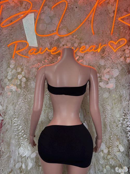 Black backless bandeau top and high-waist mini skirt, two-piece set