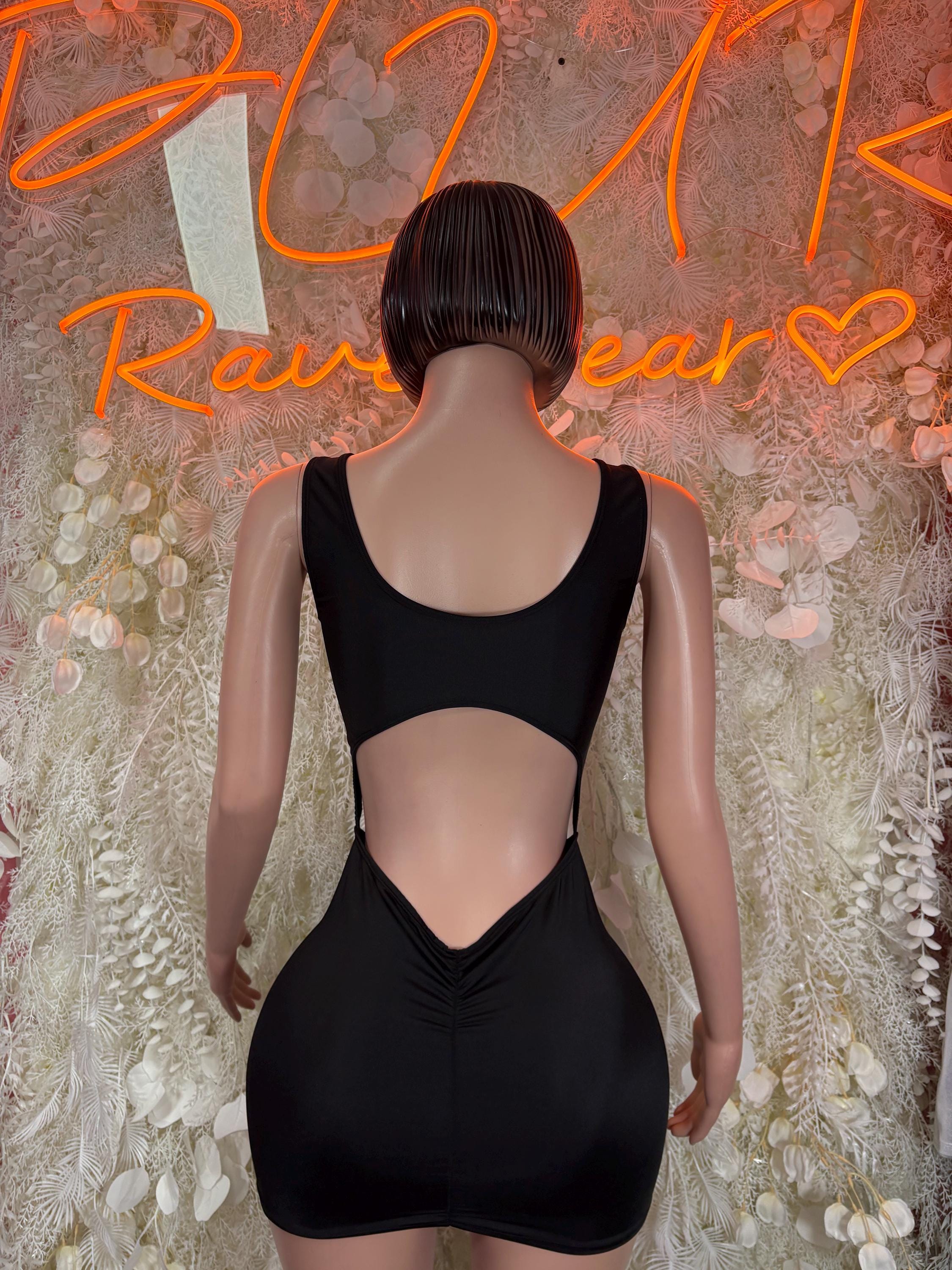 Black mini dress with racerback and deep V back