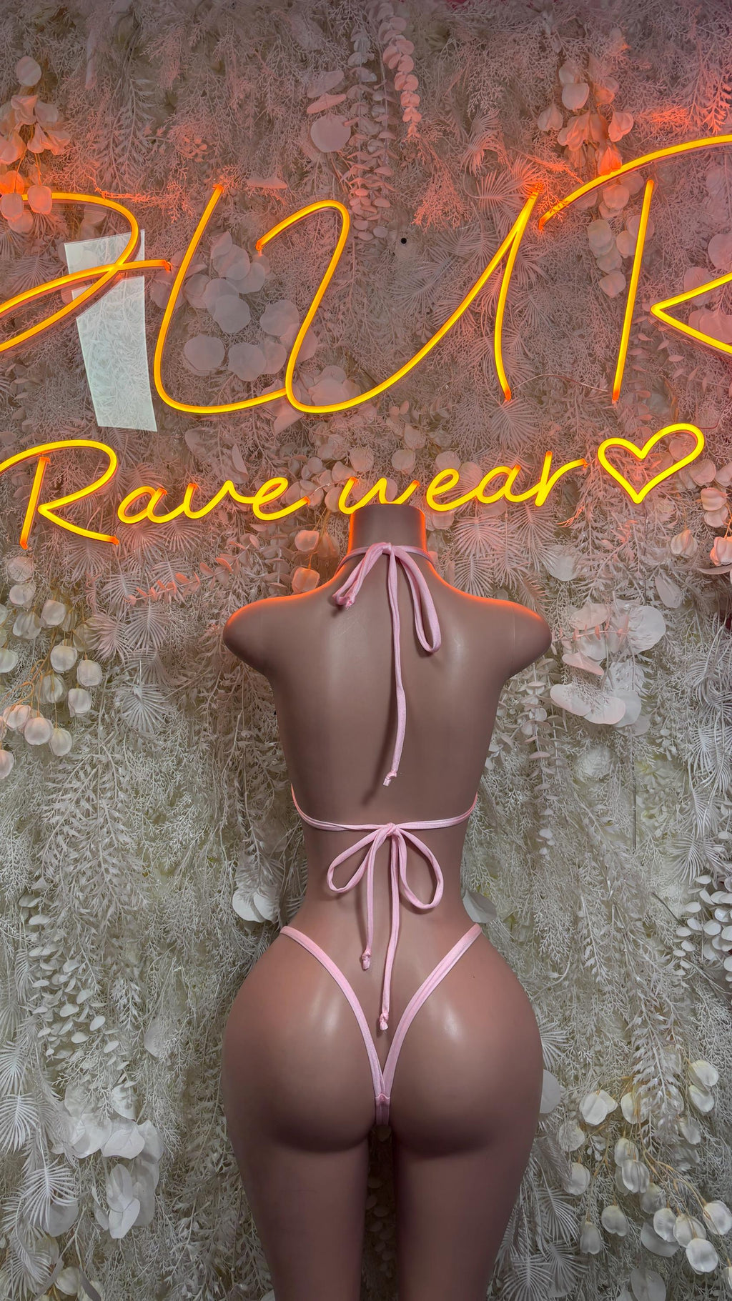 Pink rhinestone bikini set back view with crisscross straps and tie back