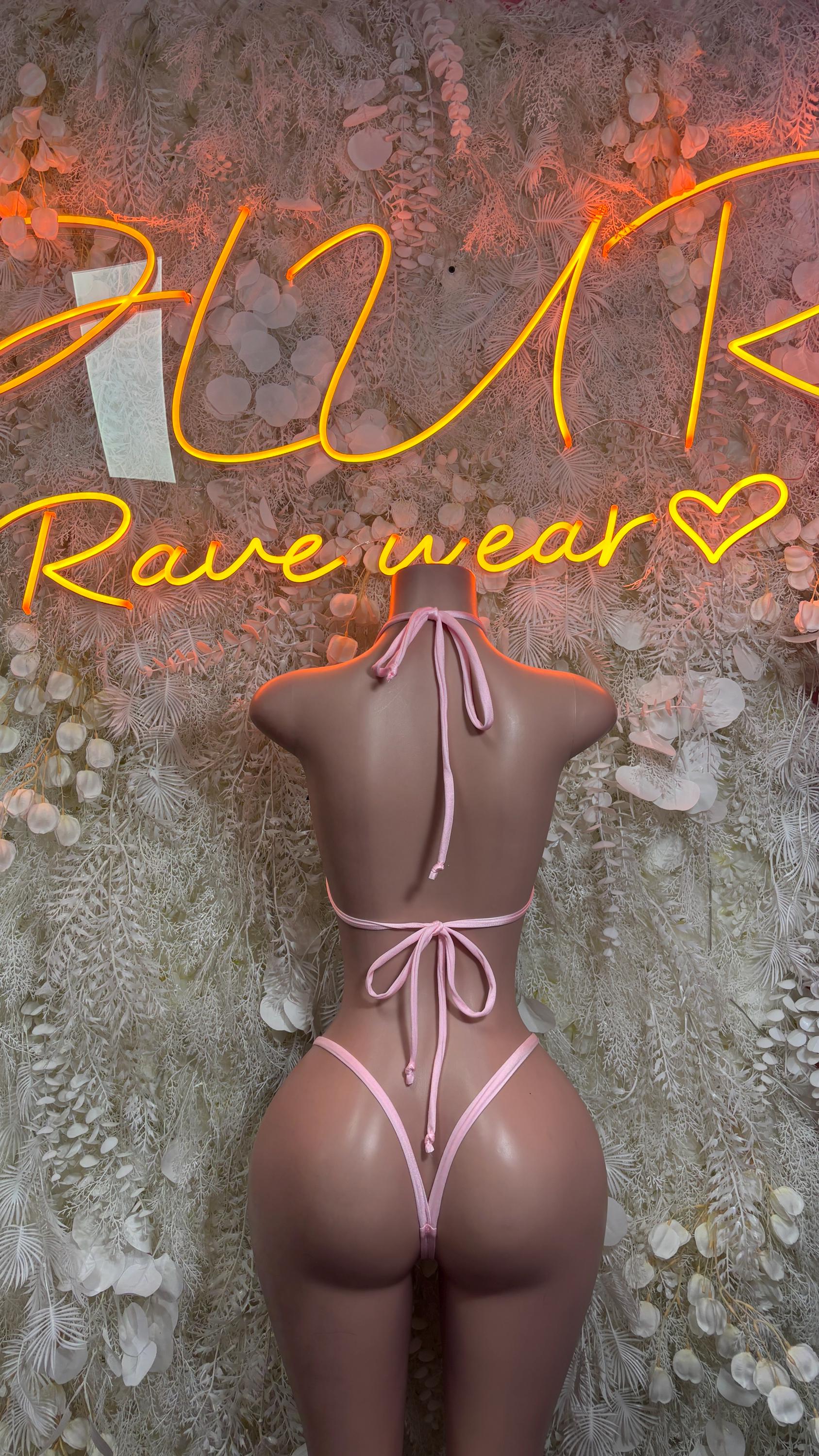 Pink rhinestone bikini set back view with crisscross straps and tie back