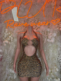 Leopard print performance dress with halter neckline and chest cutout