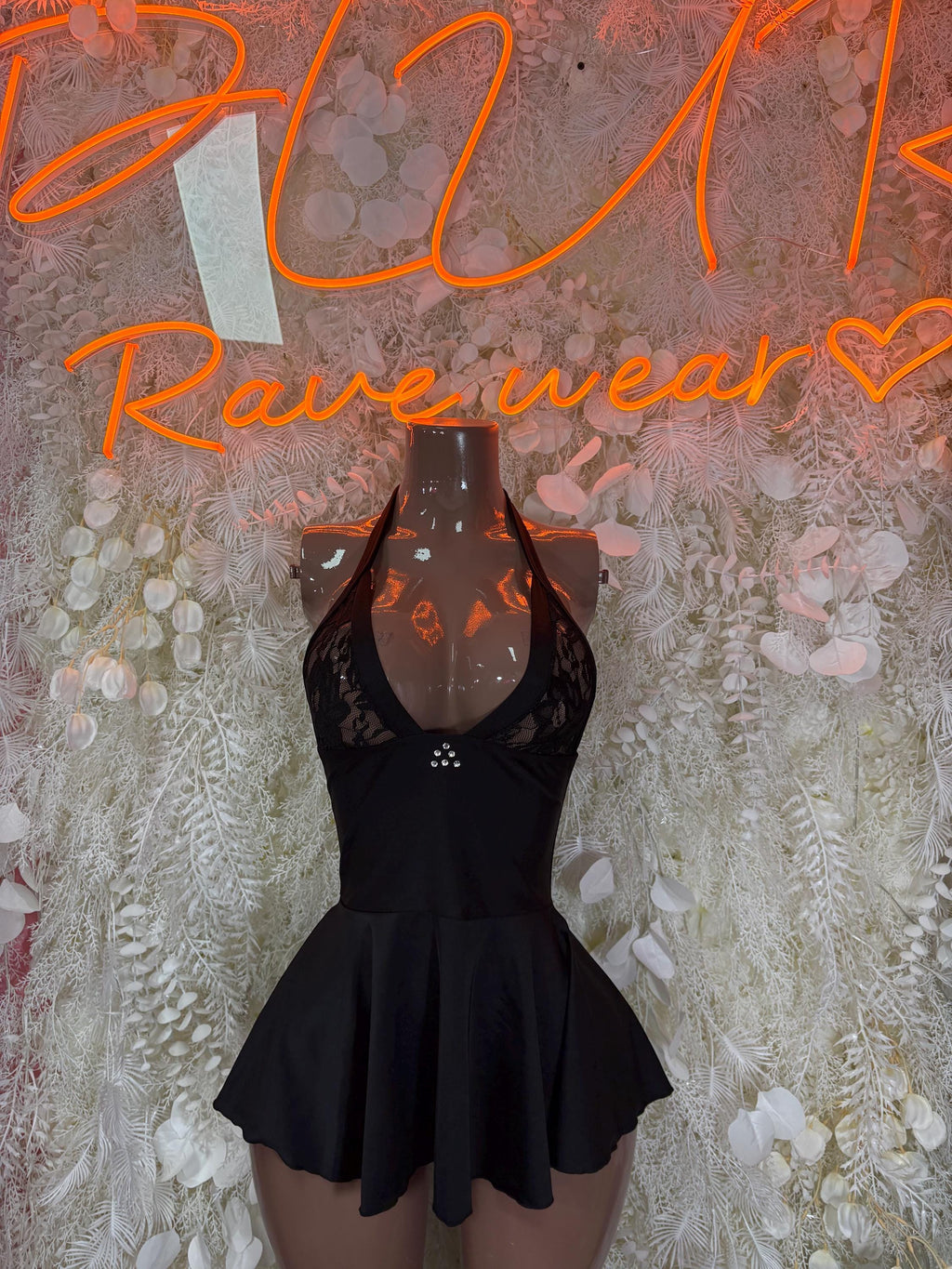 Black long-sleeve club dress with lace bodice and flared skater skirt