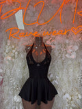Black long-sleeve club dress with lace bodice and flared skater skirt