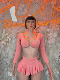 Peach long-sleeve crop top and ruffled mini skirt set for women