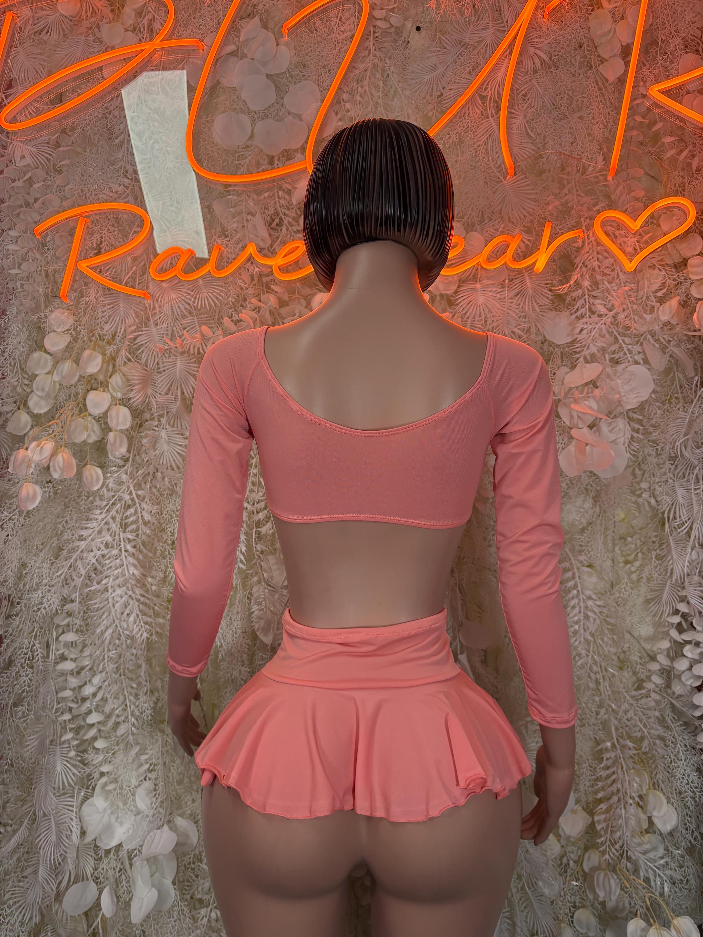 Peach long-sleeve crop top and ruffled mini skirt set, back view
