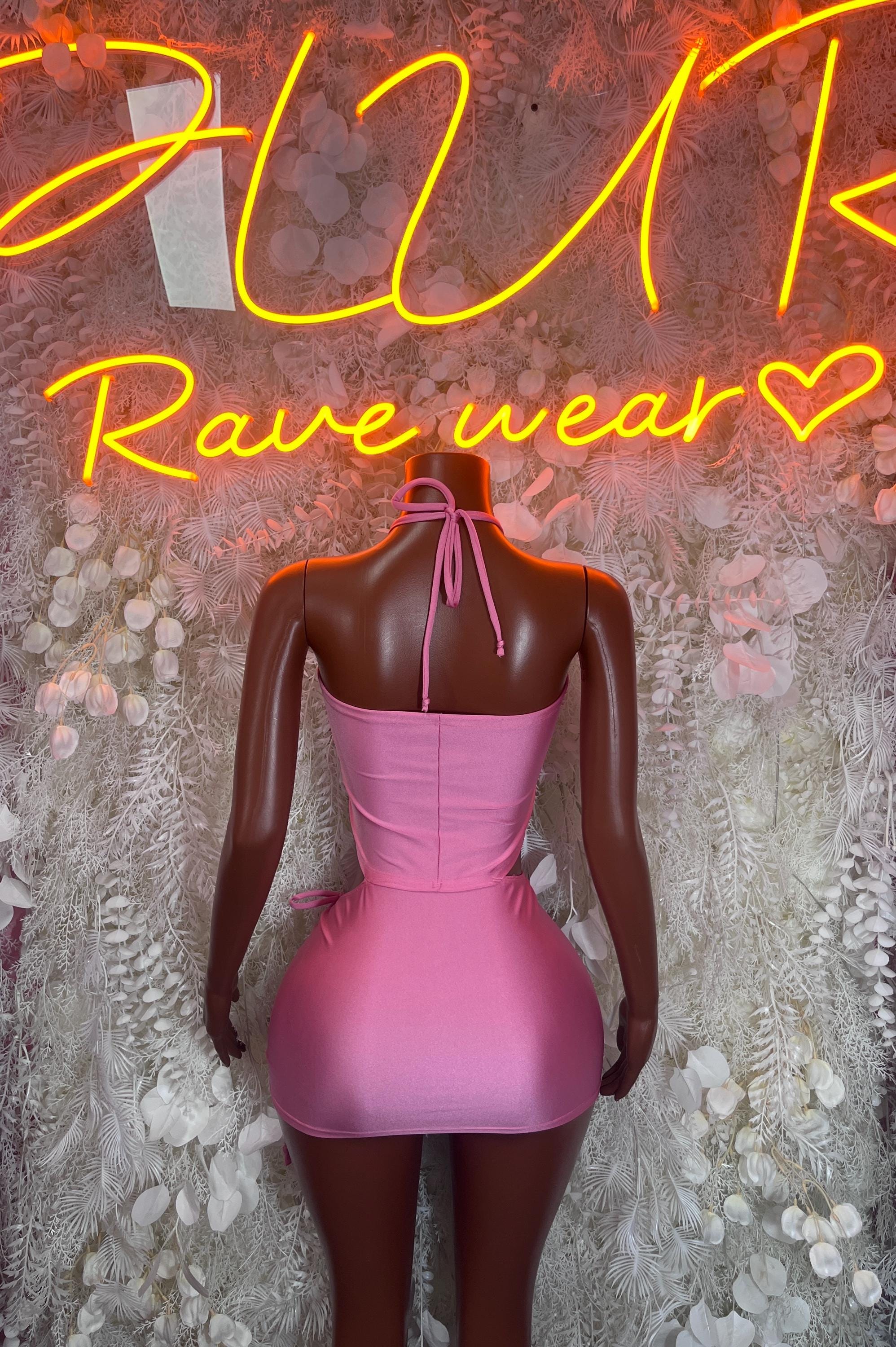 Pink halter mini dress with tie-back and ruched drawstring waist