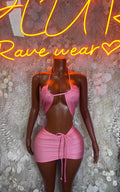 Pink mini dress with halter backless top and ruched drawstring skirt