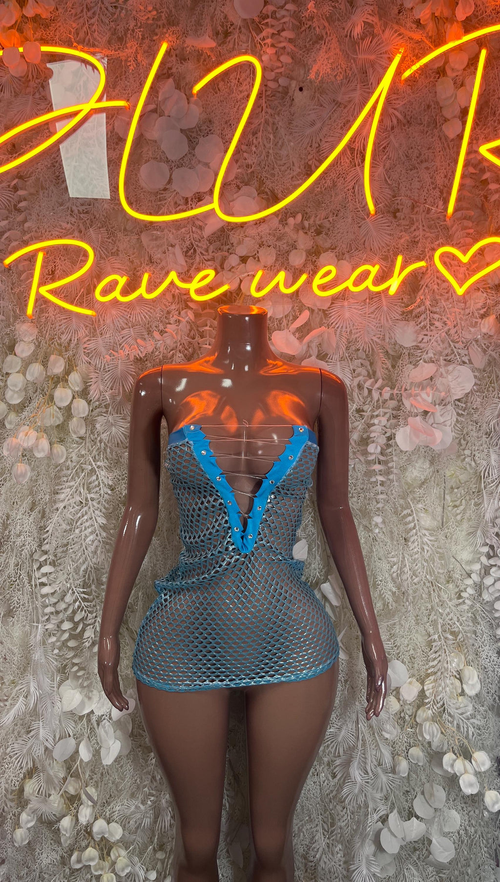 Blue fishnet mini dress with V neckline, sleeveless one-piece
