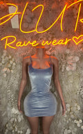Blue velvet bodycon mini dress with spaghetti straps, ruched front