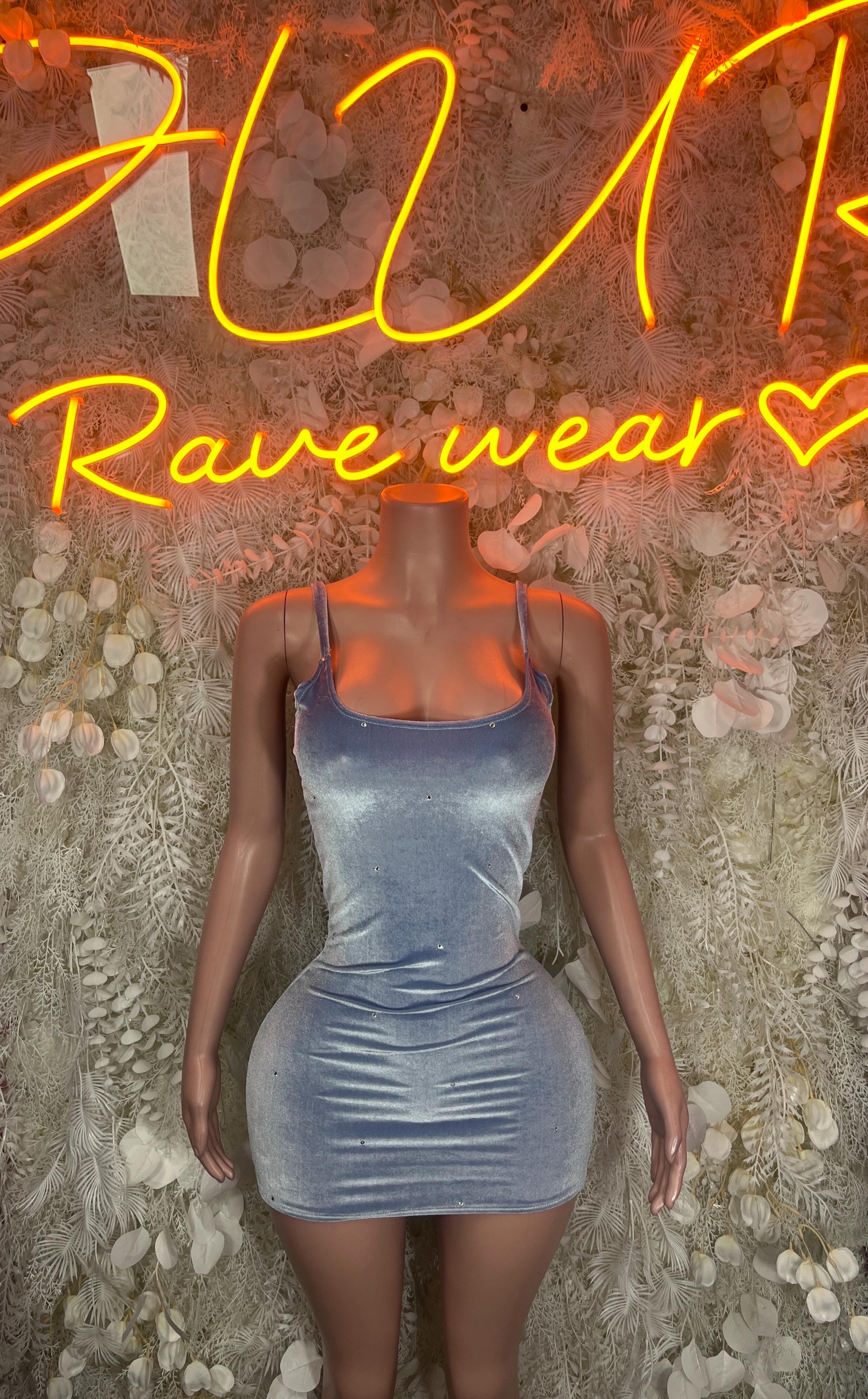 Blue velvet bodycon mini dress with spaghetti straps, ruched front