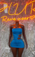 Turquoise mini club dress with bandeau neckline and side cutout