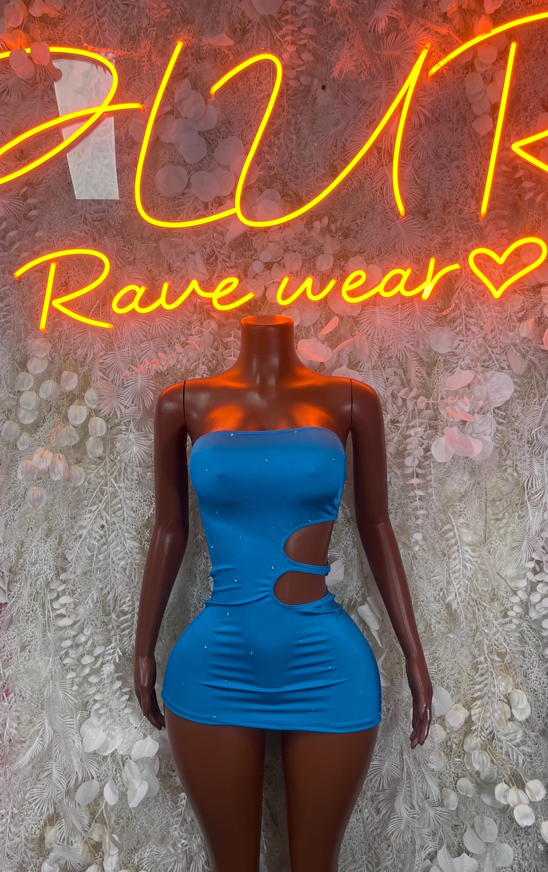 Turquoise mini club dress with bandeau neckline and side cutout