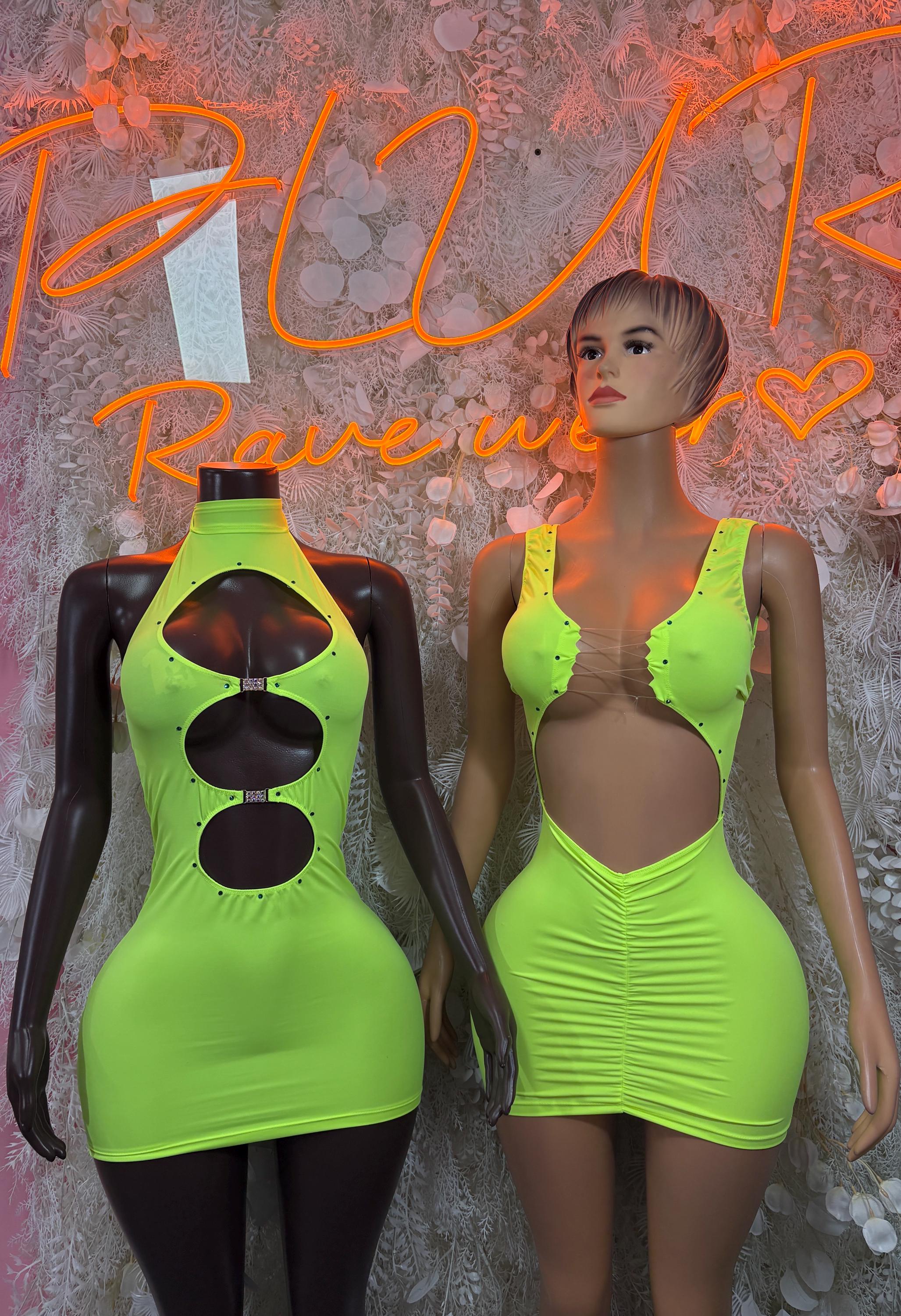 Shiny neon green sleeveless festival dress with ruched texture and oval cutouts
