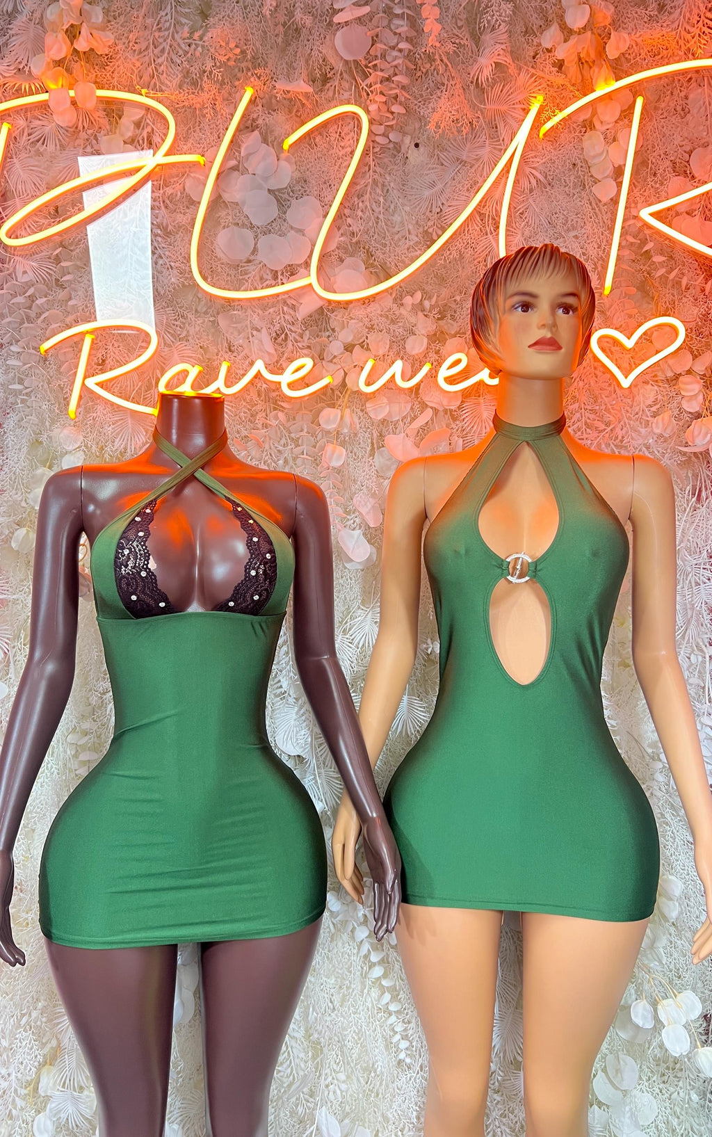 Green halter mini dress with keyhole cutout and racerback straps