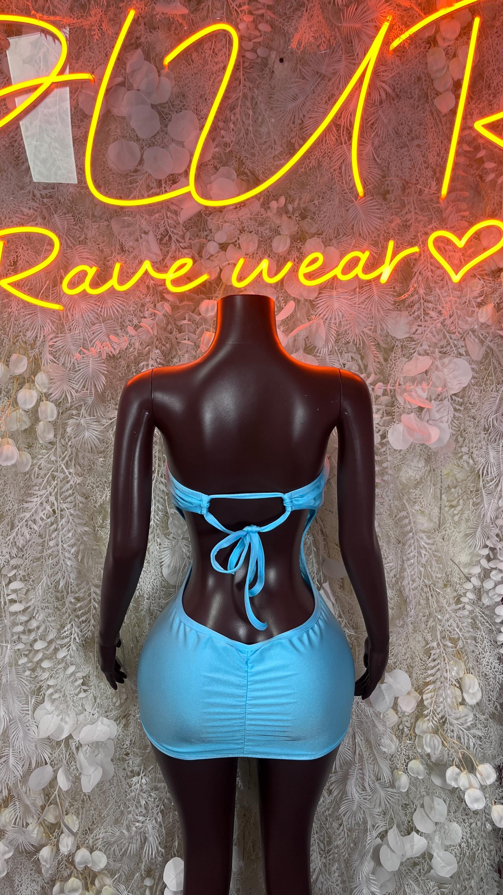 Light blue mini dress with lace back cutout and bow-tie, sleeveless
