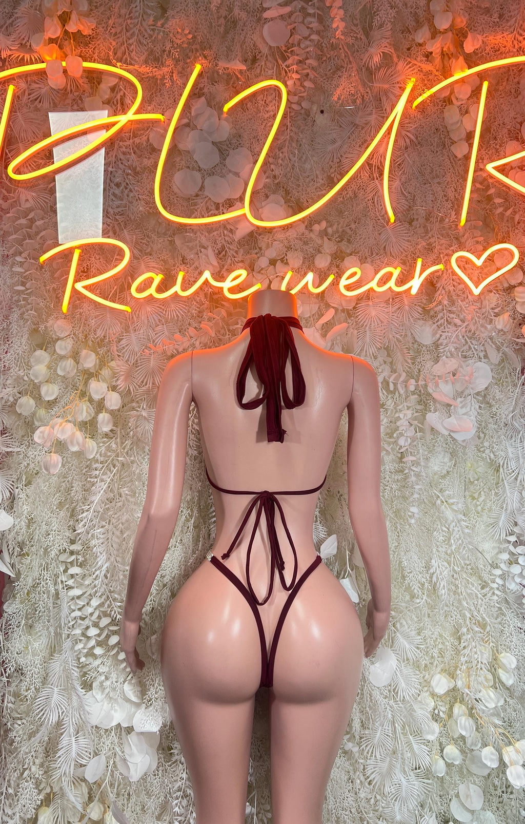 Burgundy string tie-back rave bikini, halter neck and high-leg bottoms