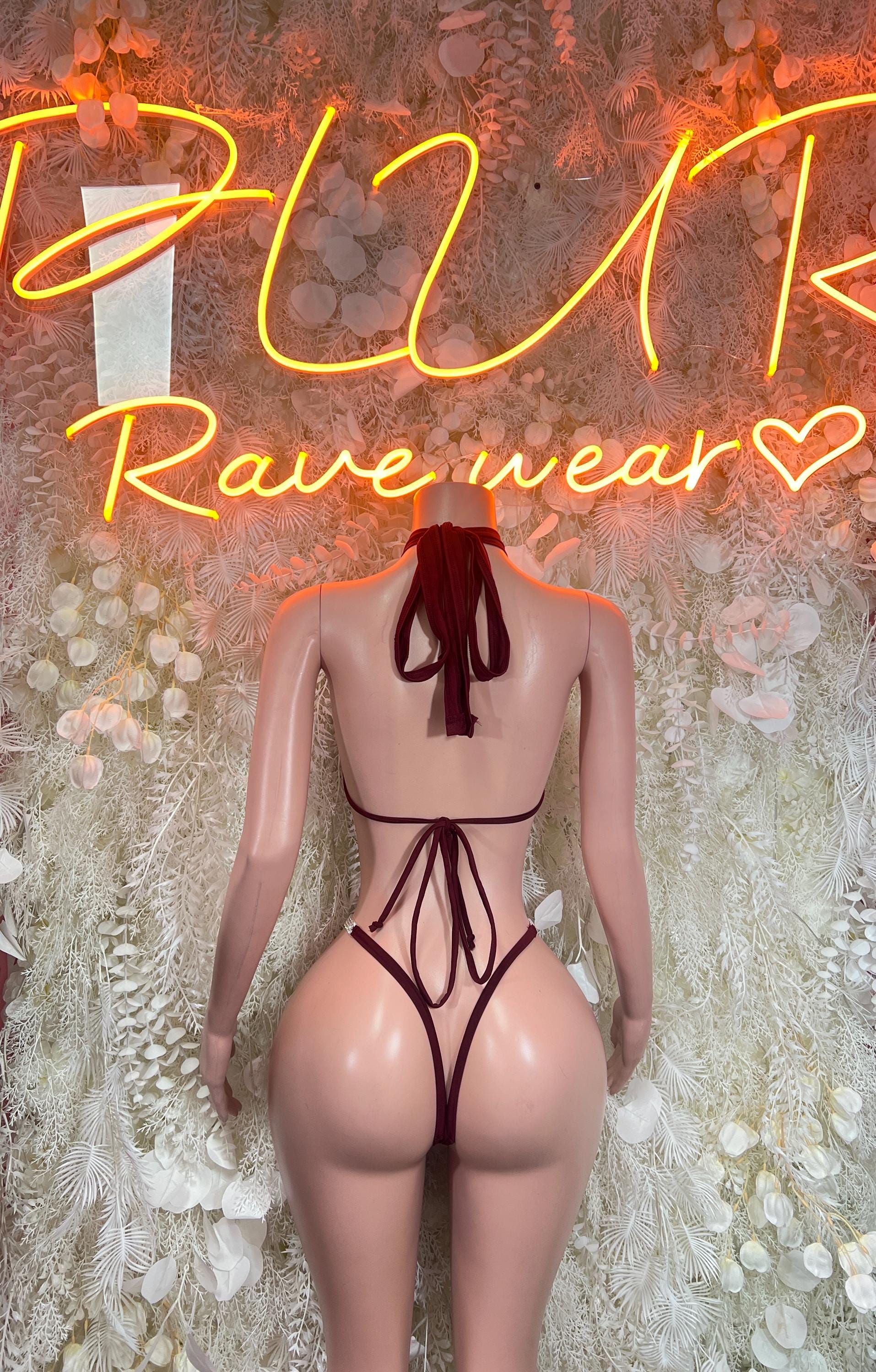 Burgundy string tie-back rave bikini, halter neck and high-leg bottoms